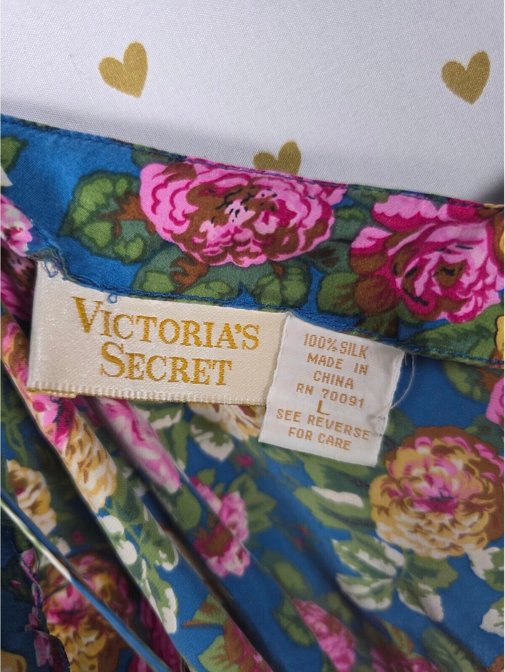 Vintage Victoria's Secret Gold Label 100% Silk Floral Slip Dress L Blue Pink - Picture 3 of 3